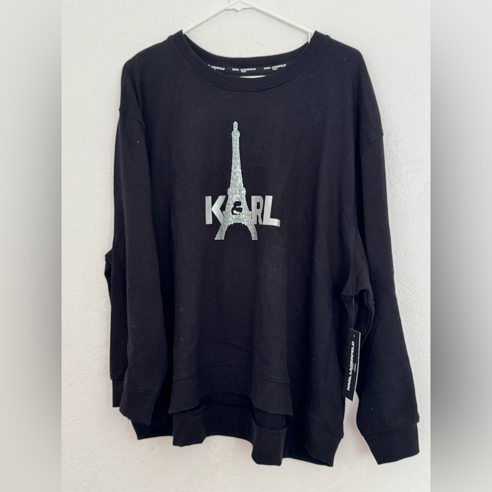 Karl Lagerfeld Black Sweatshirt with Silver Paris Eiffel Tower Women Size 2X NWT - Picture 9 of 12